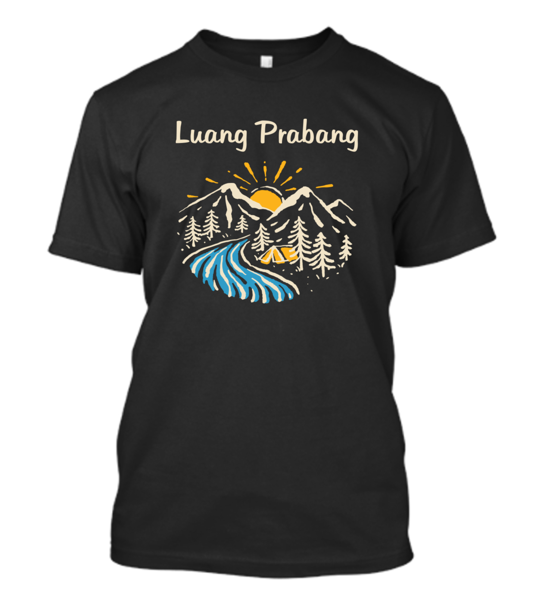 Luang Prabang Louangphabang Laos Mountains River Sunrise Camping Scene T-Shirt