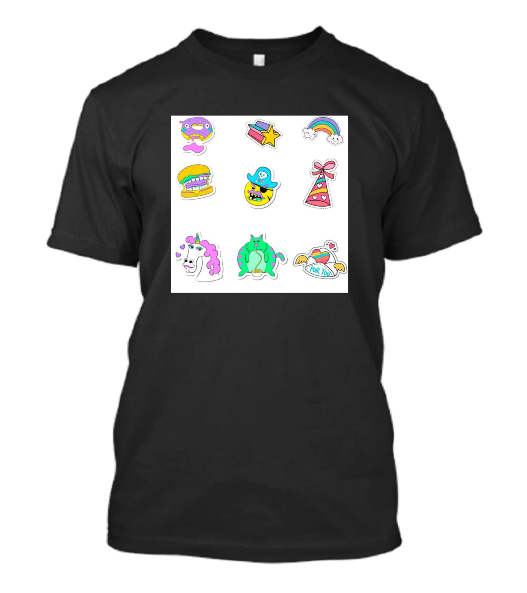 Mix Stickers Collection Donut Hamburger Pirate Cat Unicorn Rainbow Gift Box T-Shirt