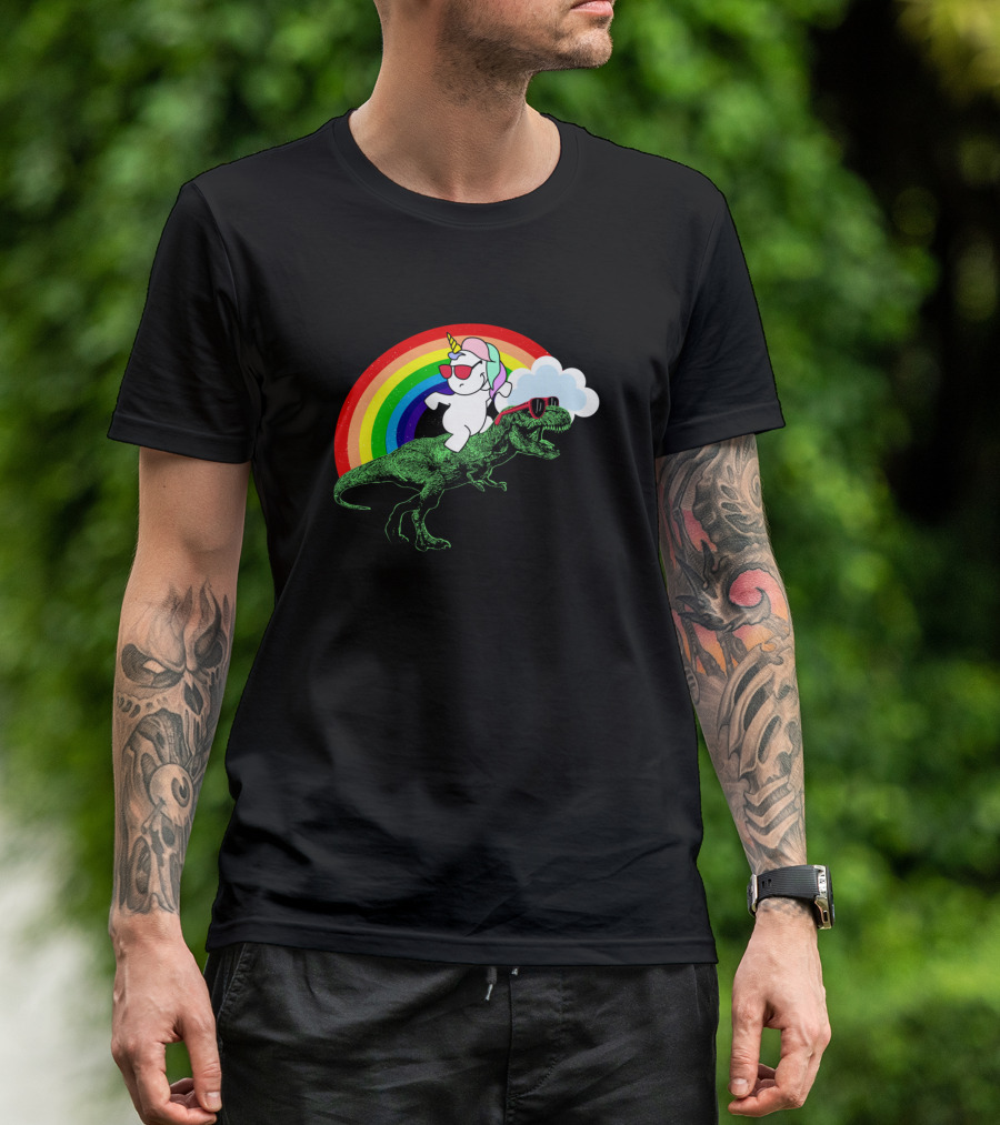 Party Dinosaur Rex With An Unicorn Under Rainbow Cloud T-Shirt