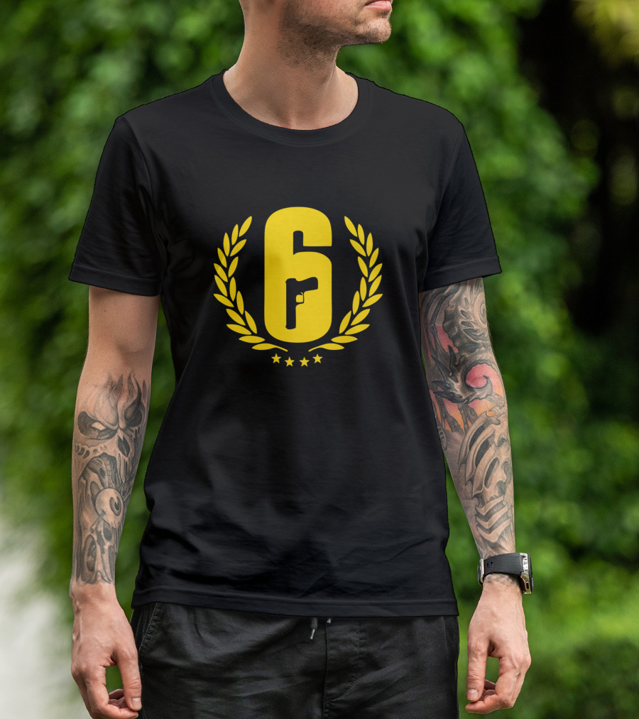 Rainbow Six Siege Emblem With Pistol Inside Number Six Laurel Wreath T-Shirt