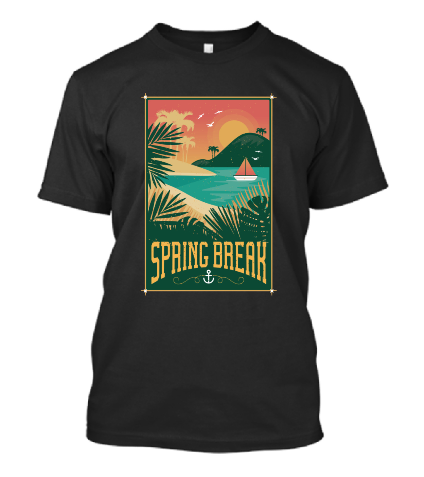 Spring Break Retro Beach Scene With Palm Trees And Sailboat T-Shirt