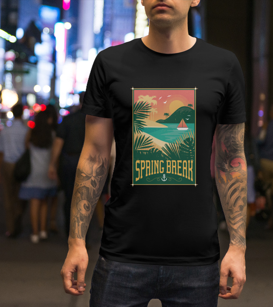 Spring Break Retro Beach Scene With Palm Trees And Sailboat T-Shirt