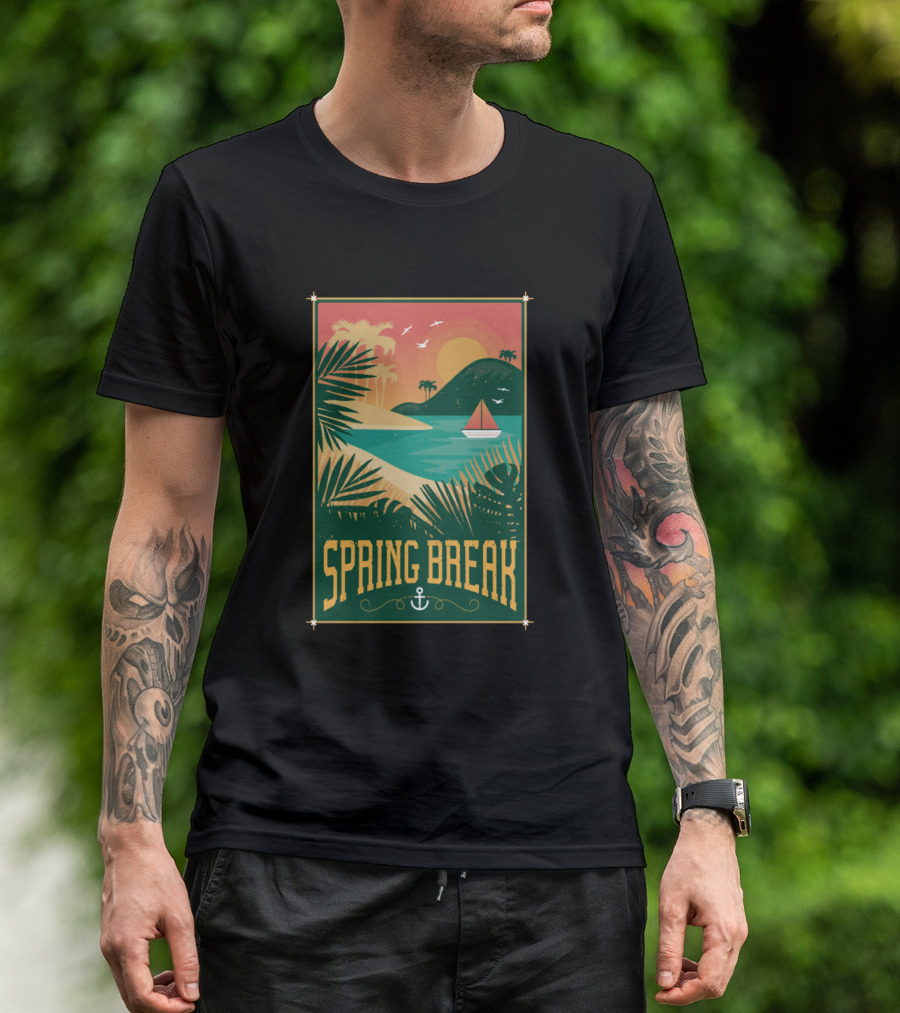 Spring Break Retro Beach Scene With Palm Trees And Sailboat T-Shirt