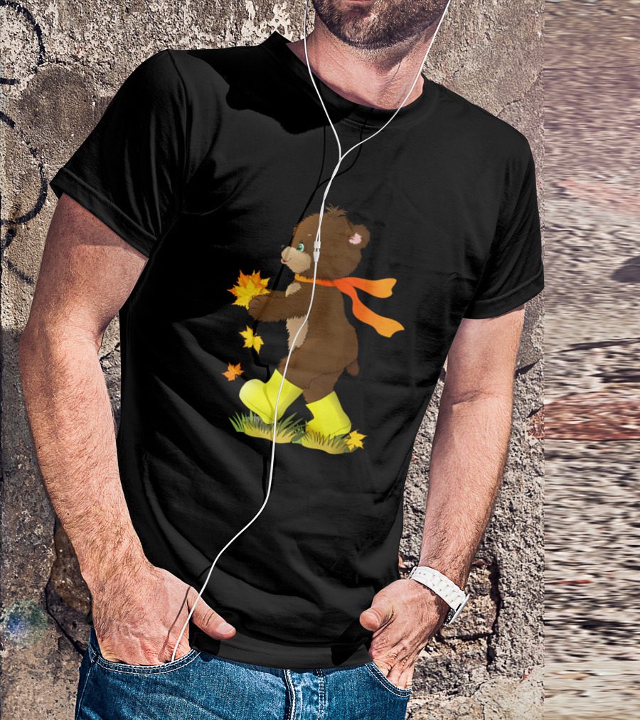 Bear Cub Playing With Autumn Leaves In Yellow Boots T-Shirt