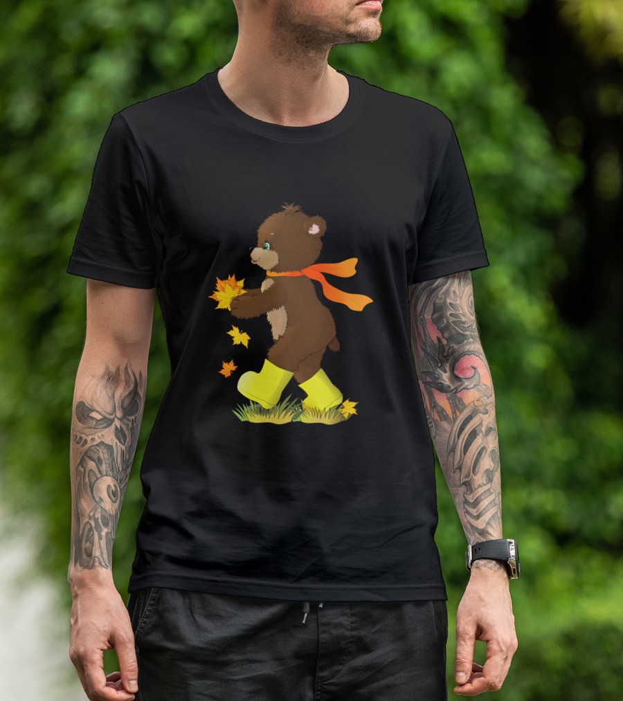 Bear Cub Playing With Autumn Leaves In Yellow Boots T-Shirt