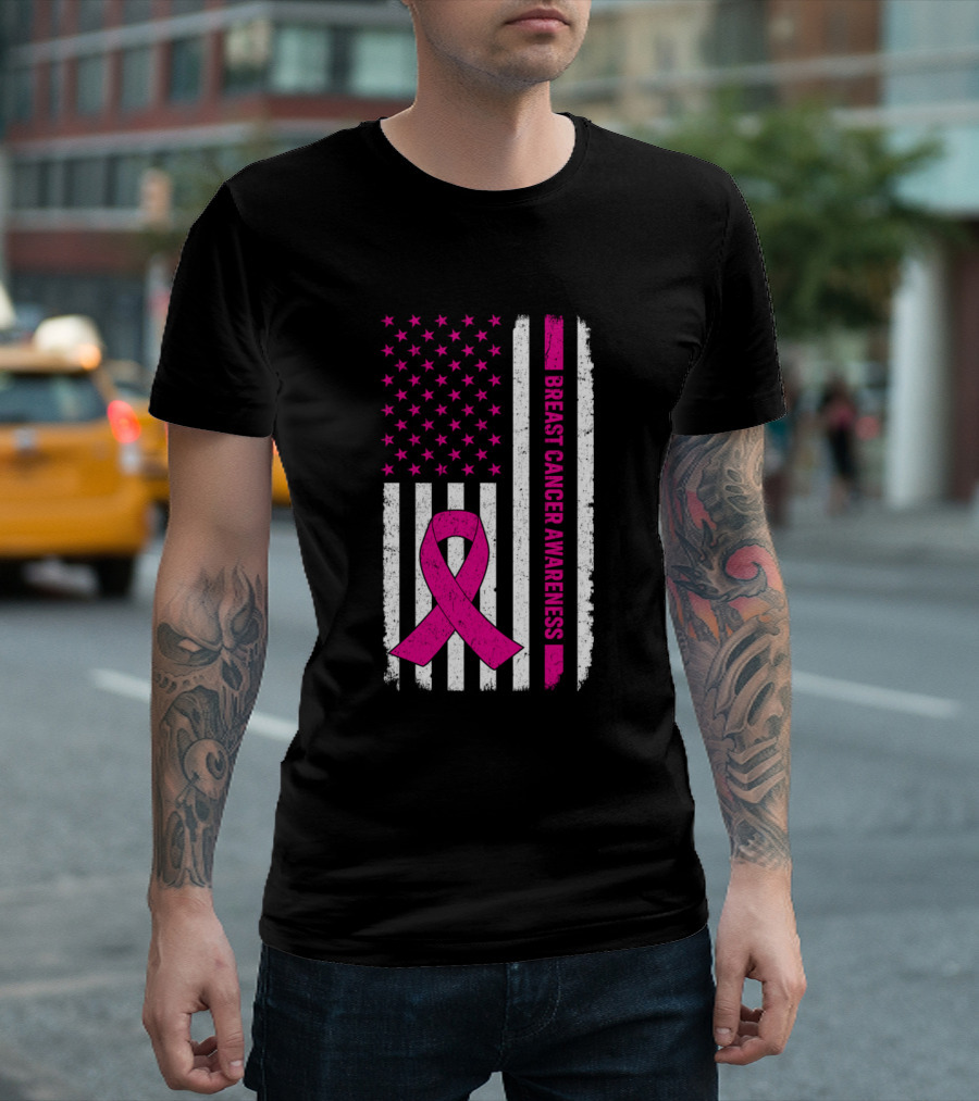 Breast Cancer Awareness Pink Ribbon American Flag T-Shirt