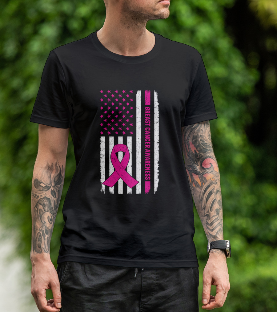 Breast Cancer Awareness Pink Ribbon American Flag T-Shirt