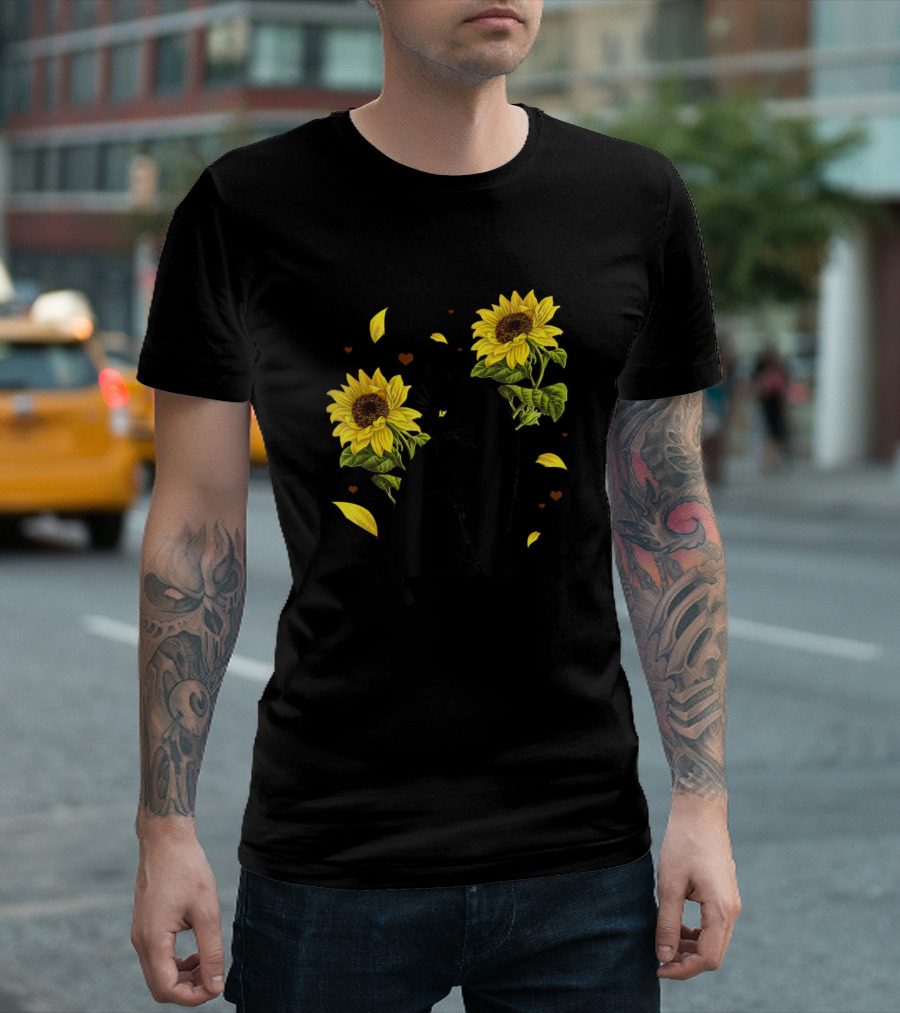 Sunflower Cat Lover With Black Cat And Petals T-Shirt