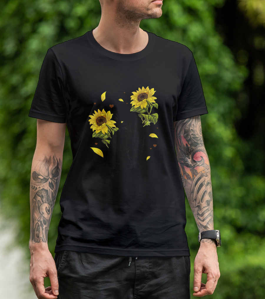 Sunflower Cat Lover With Black Cat And Petals T-Shirt