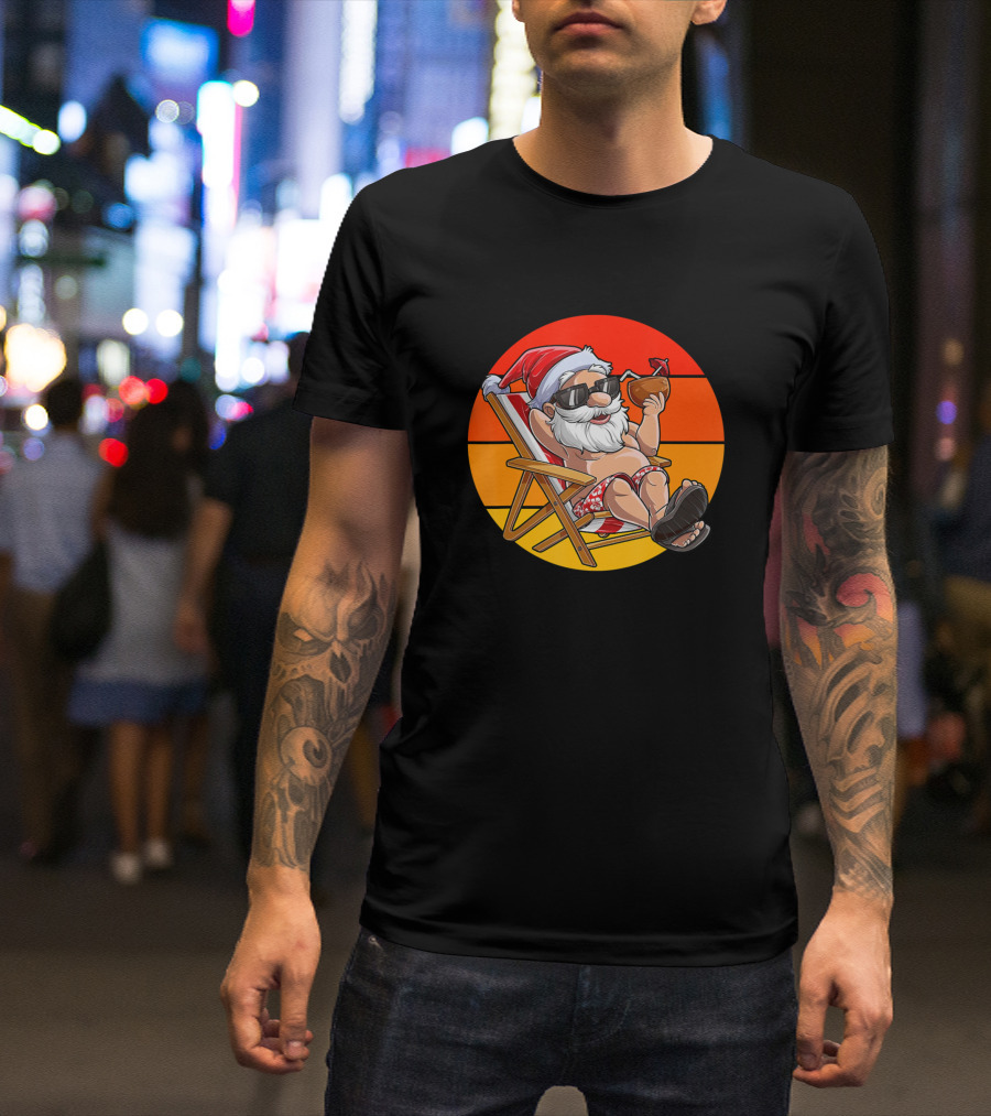 Chill Santa Hawaiian Summer On Sunset Beach With Coconut Drink T-Shirt