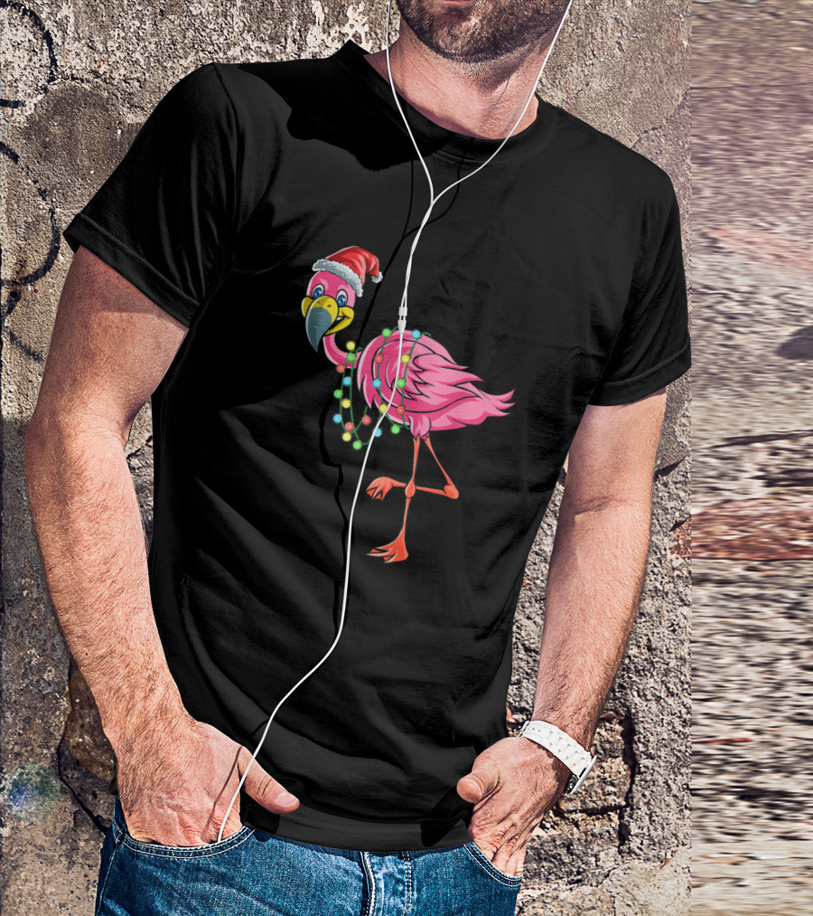Christmas Flamingo Wearing Santa Hat With Funny Lights T-Shirt