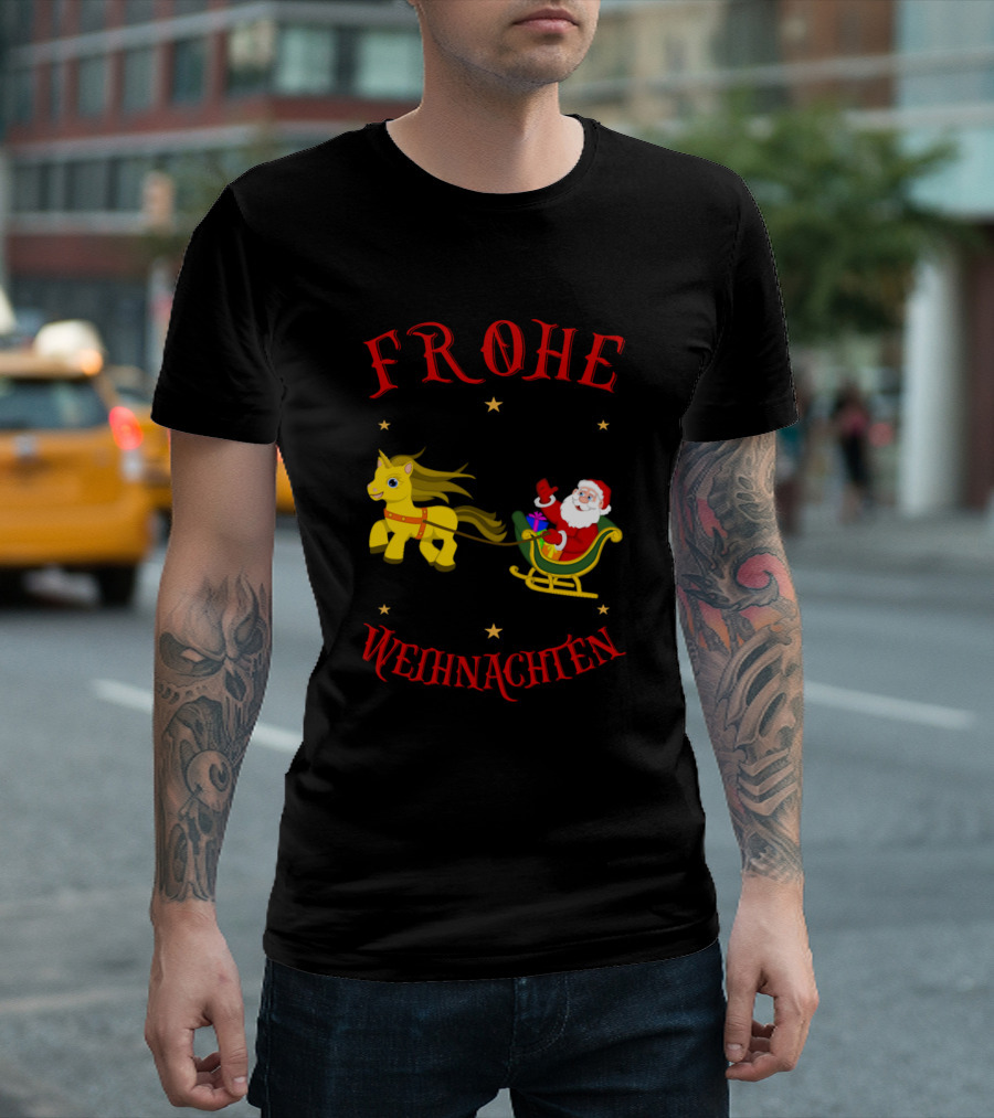 Frohe Weihnachten Santa Claus On Sleigh With Unicorn Santa T-Shirt