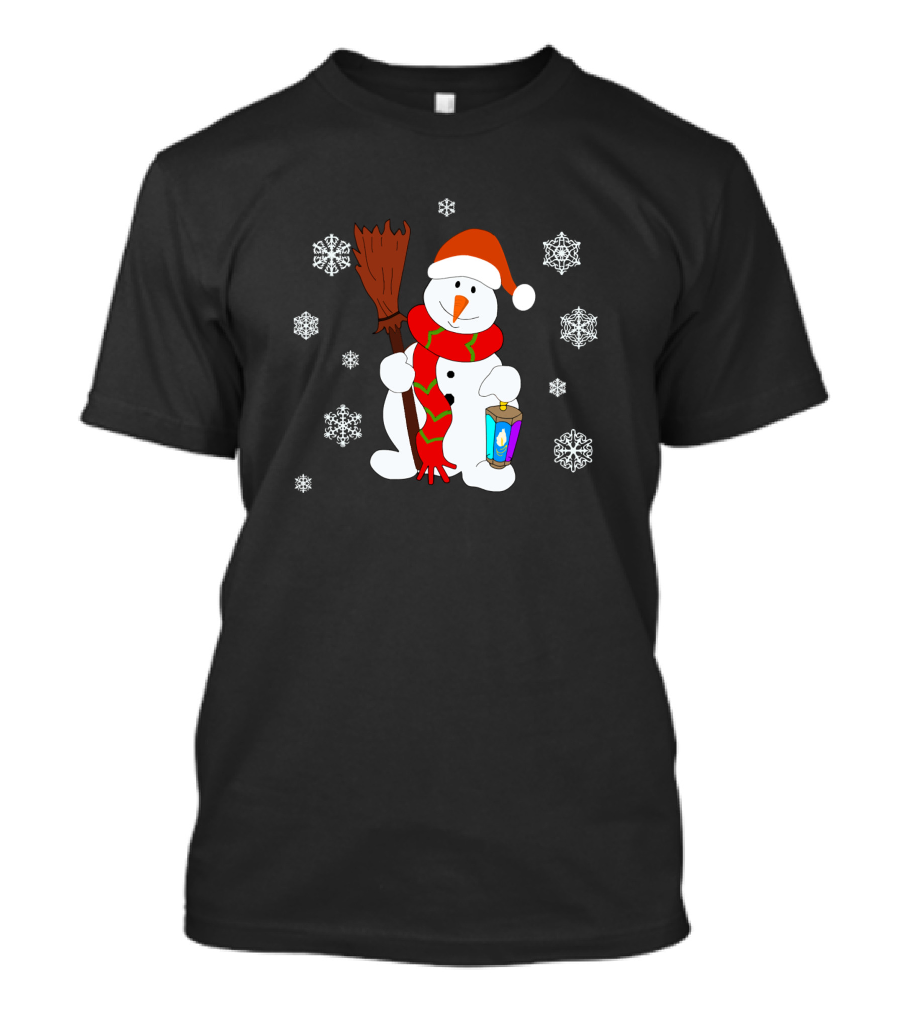 Christmas Snowman With Santa Hat Holding Lantern And Broom With Snowflakes T-Shirt