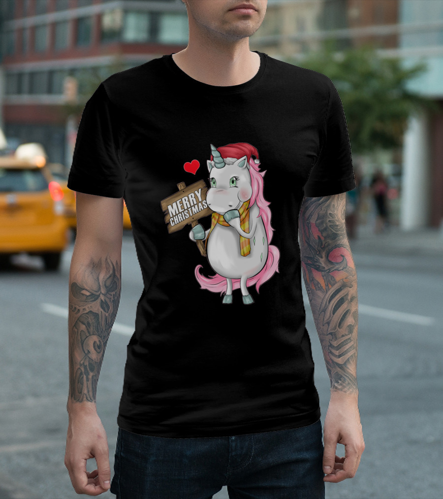 Christmas Unicorn Merry Christmas Cap Sign Heart T-Shirt