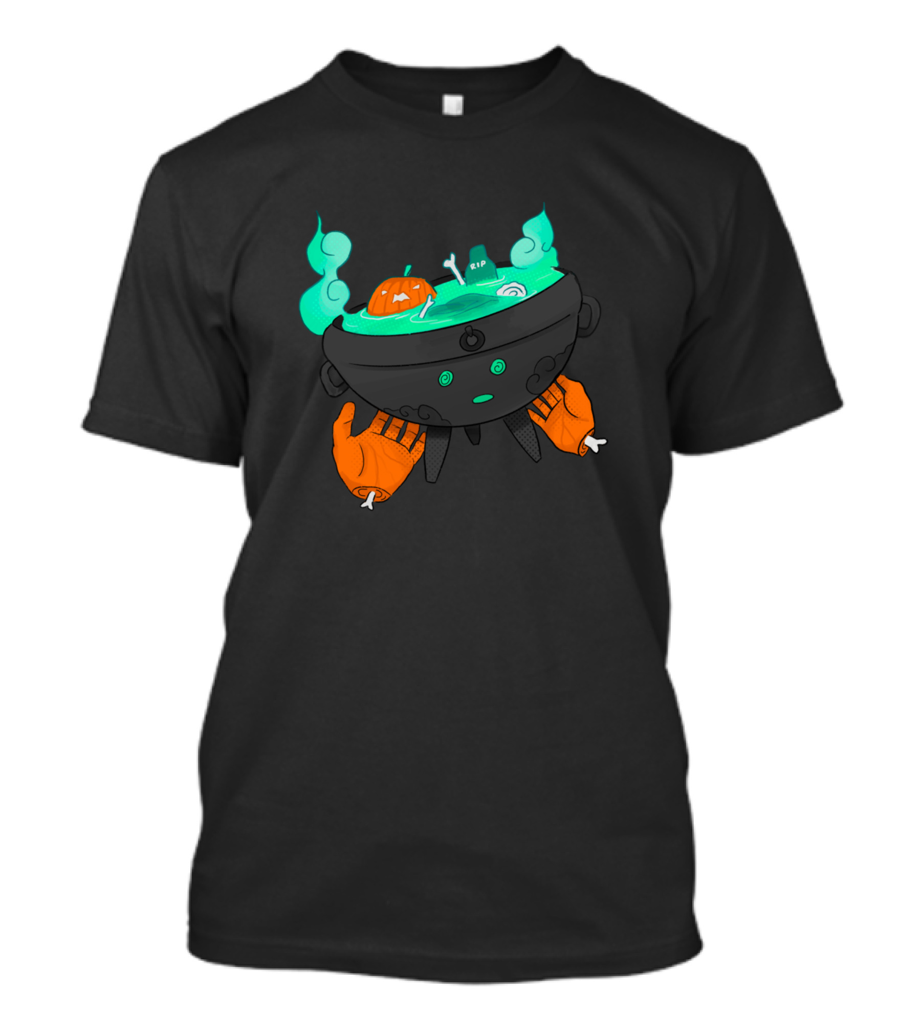 Pumpkin And Skeleton Soup In Spooky Cauldron With RIP Details T-Shirt