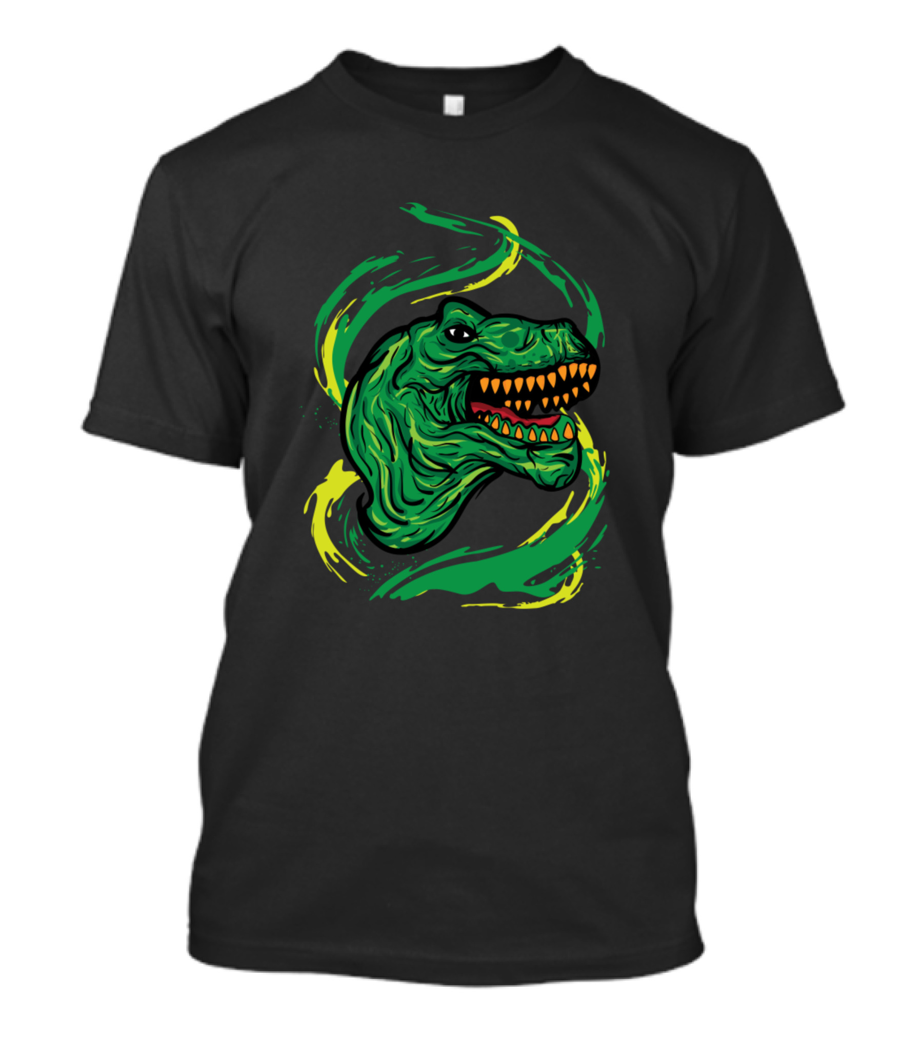 Dinosaur T-Rex Head With Swirling Green And Yellow Accents T-Shirt