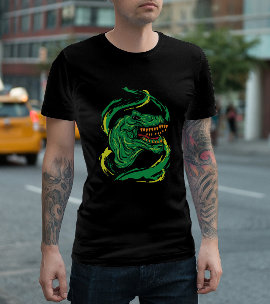 Dinosaur T-Rex Head With Swirling Green And Yellow Accents T-Shirt