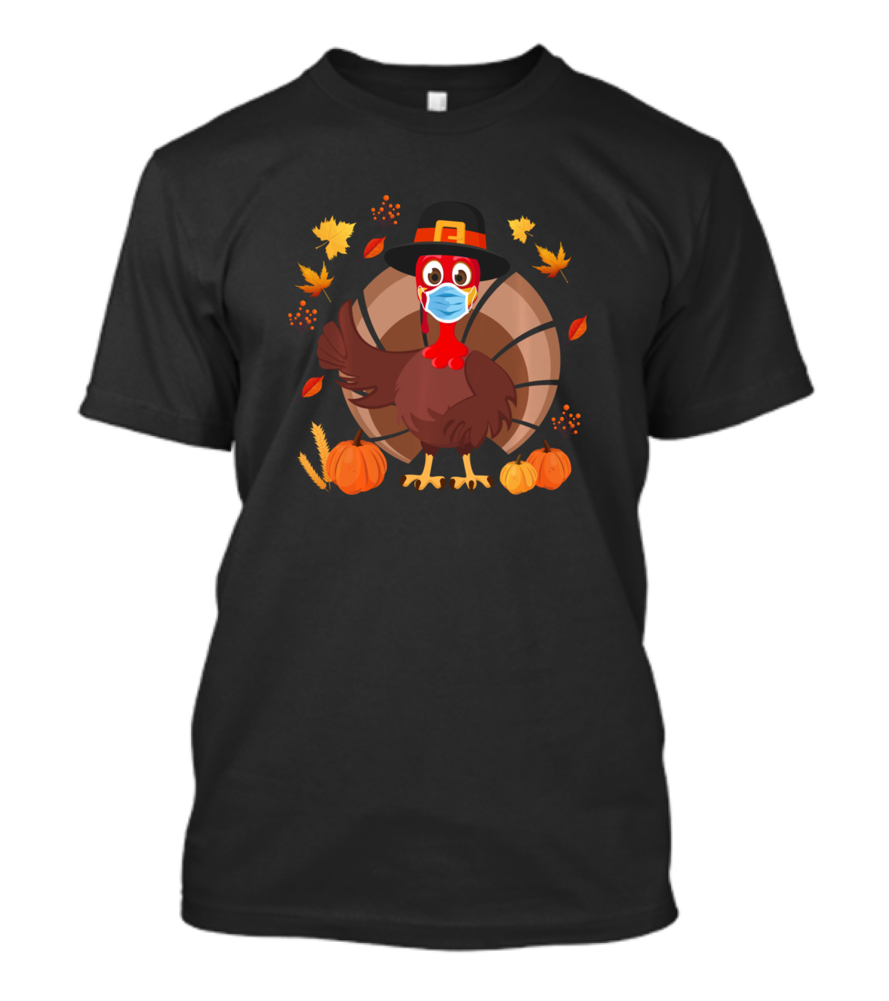 Thanksgiving Turkey In Mask With Pilgrim Hat And Pumpkins T-Shirt