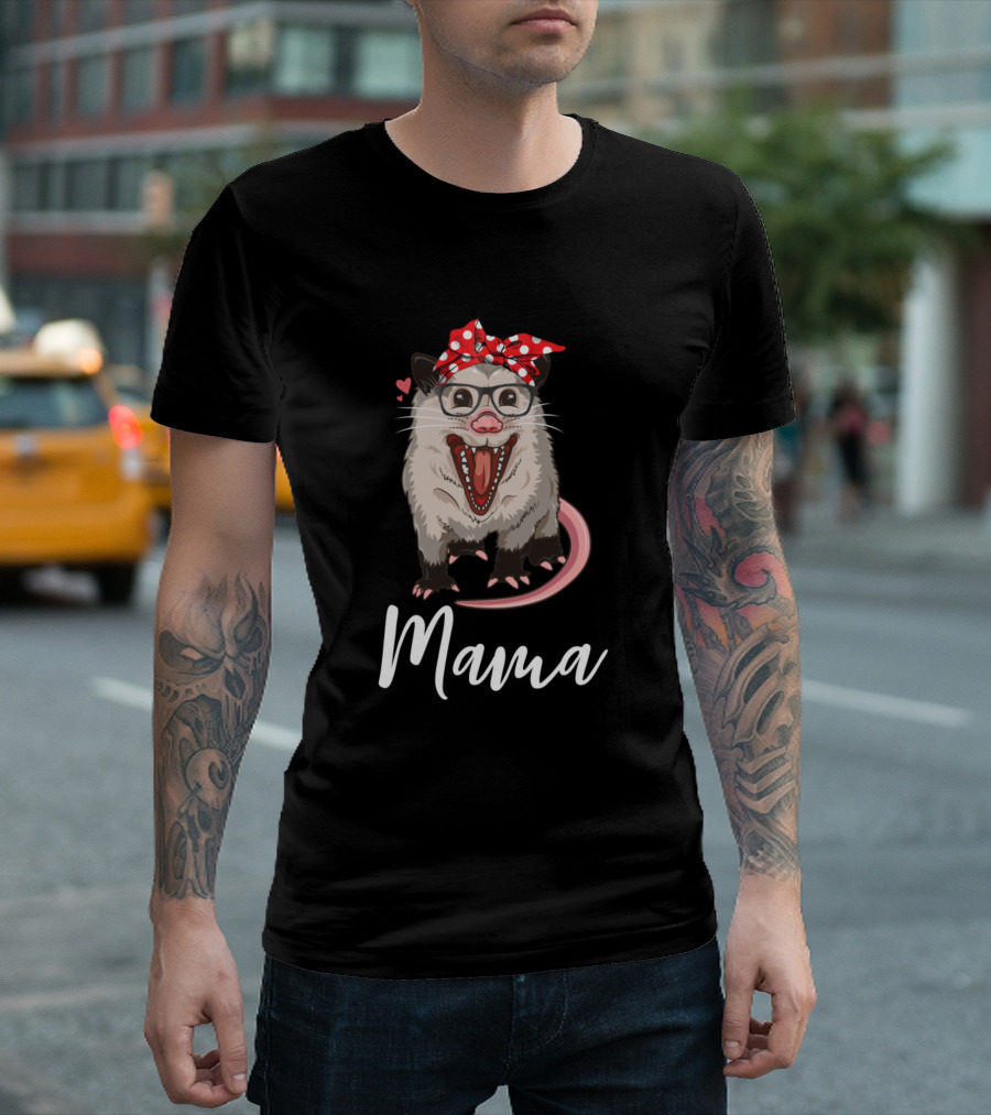 Mama Happy Possum Red Polka Dot Bow Glasses Cute Hearts T-Shirt