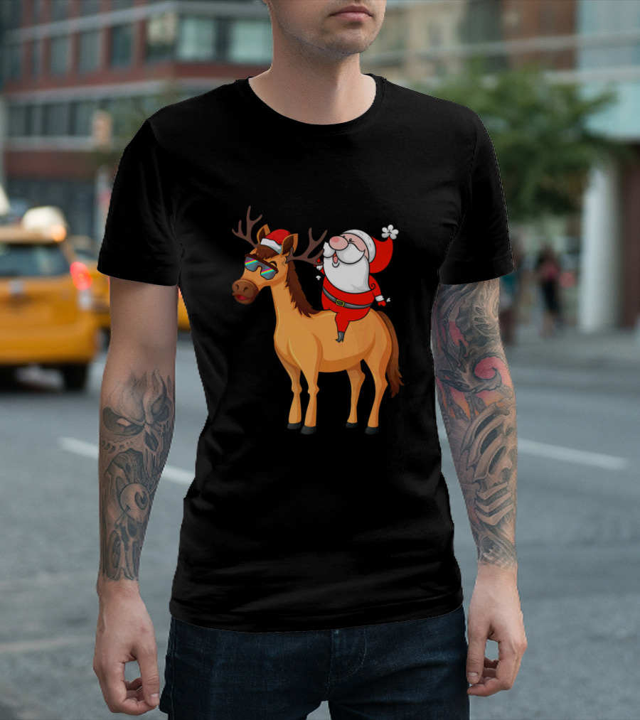 Santa Riding Horse With Sunglasses and Reindeer Antlers Funny Horse Lover T-Shirt