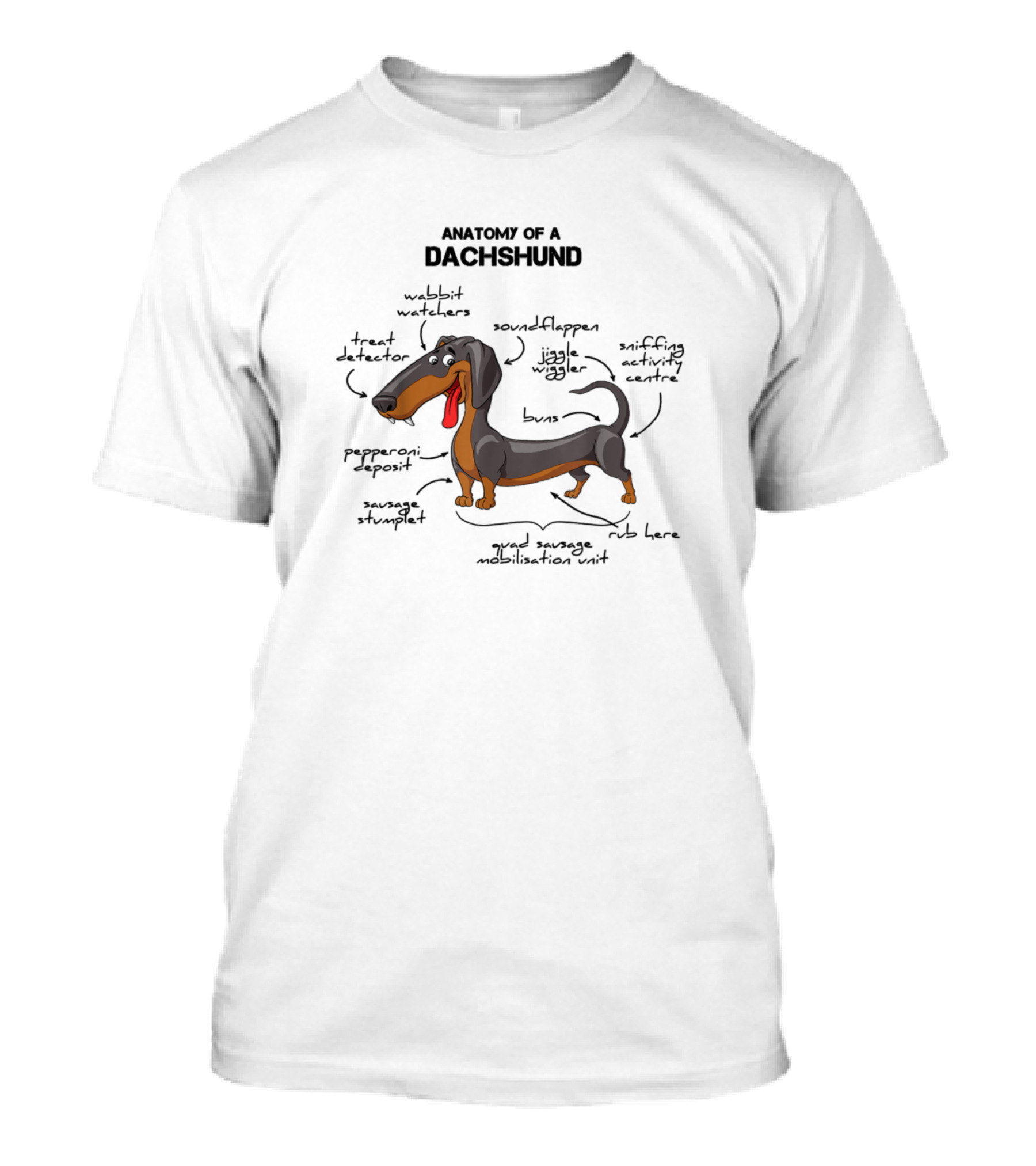 Anatomy Of A Dachshund Wubbit Watchers Soundflappers Jiggle Waggle Sniffing Activity Centre Pepperoni Deposit Sausage Stumplet Tummy Massage Rub Here Mobilisation Unit T-Shirt