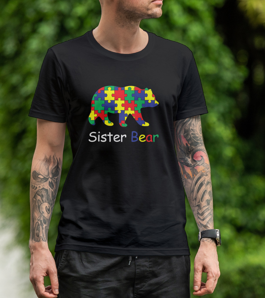 Autism Awareness Sister Bear Puzzle Pattern Support T-Shirt