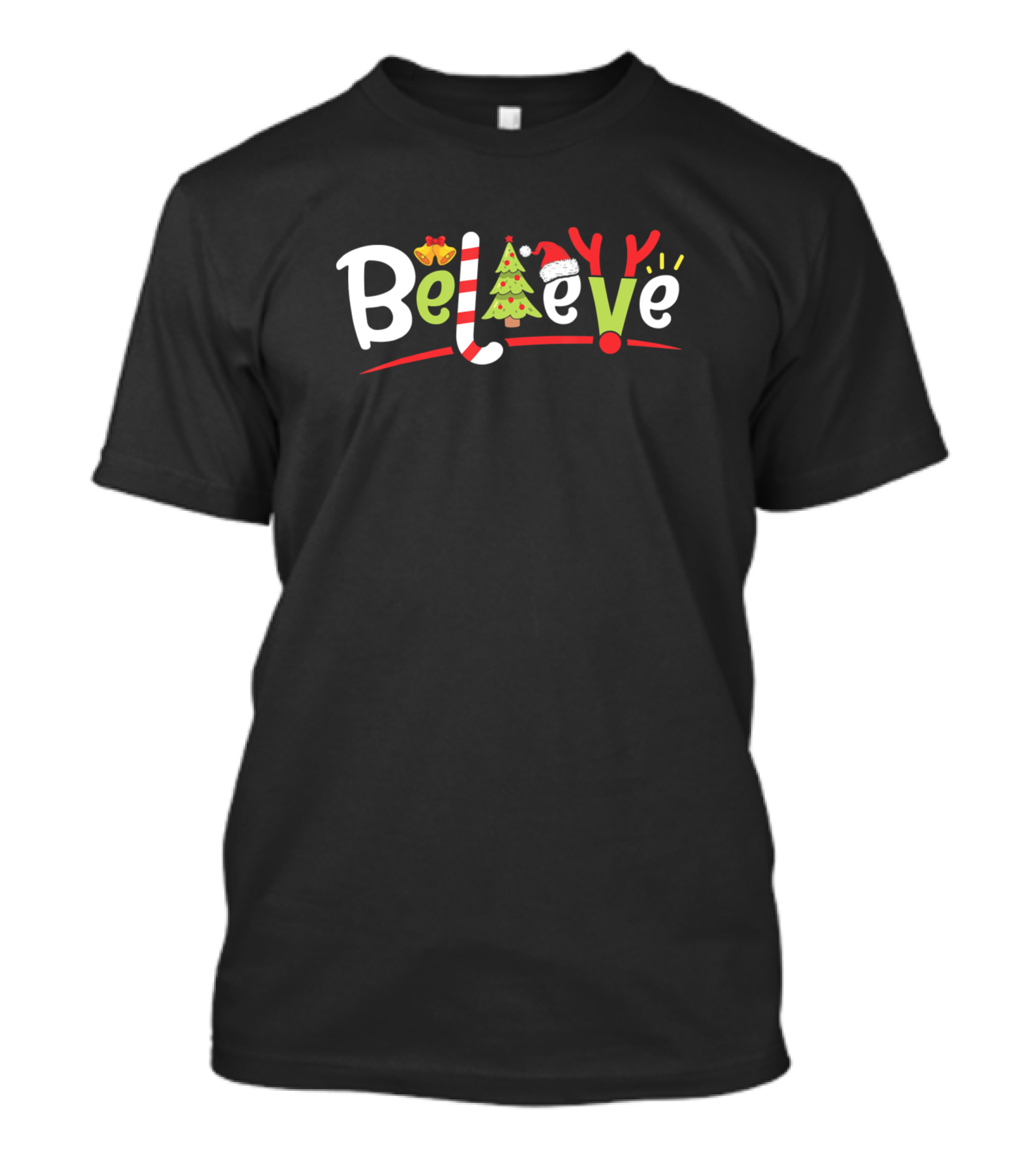 Believe Christmas Tree Santa Hat Reindeer Antlers Candy Cane T-Shirt