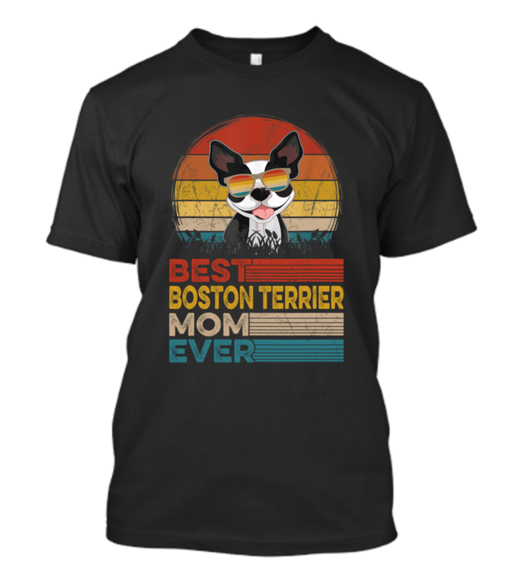 Best Boston Terrier Mom Ever Retro Sunglasses Sunset Stripes T-Shirt