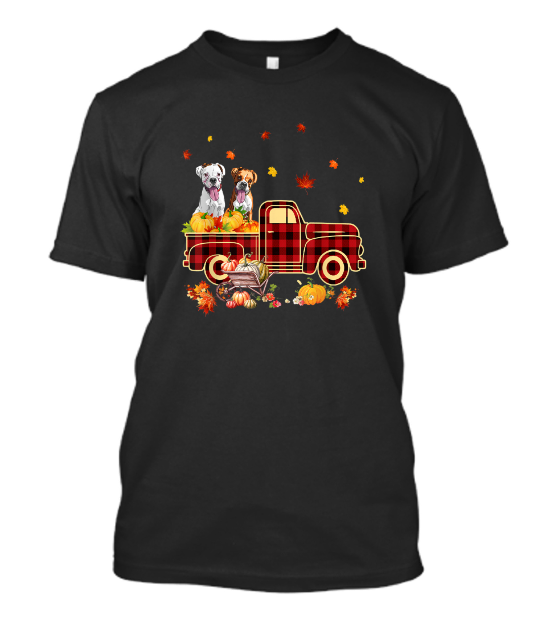 Boxer Dogs With Pumpkins And Fall Leaf In Plaid Truck T-Shirt