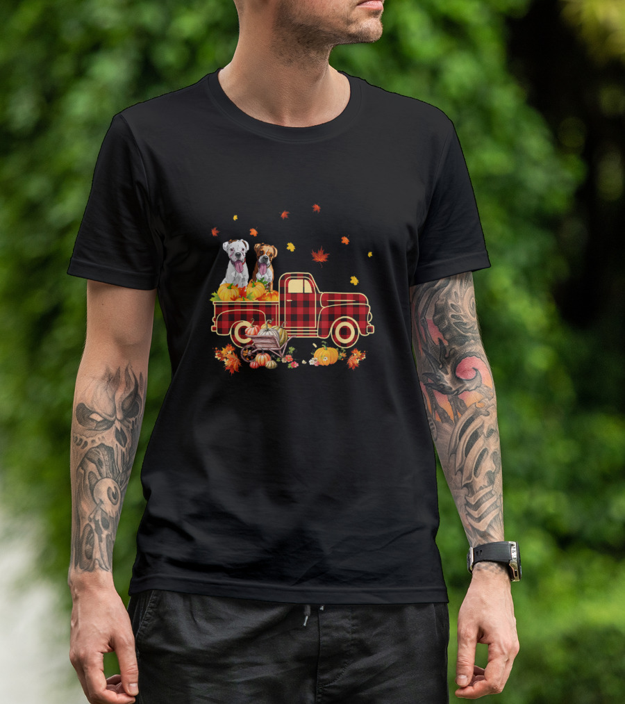 Boxer Dogs With Pumpkins And Fall Leaf In Plaid Truck T-Shirt