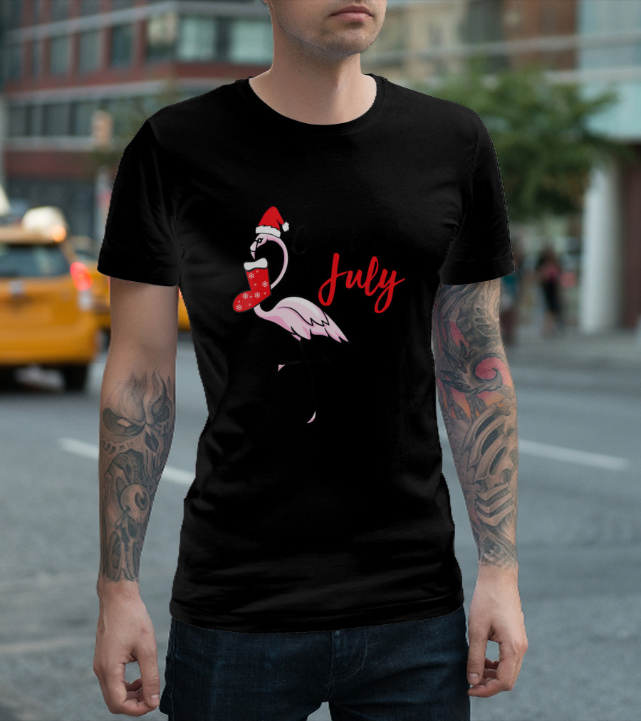 Flamingo Christmas in July Funny Party Santa Hat and Stocking T-Shirt