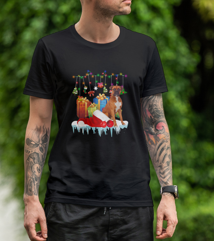 Funny Boxer Dog Santa Hat Christmas Lights Presents T-Shirt