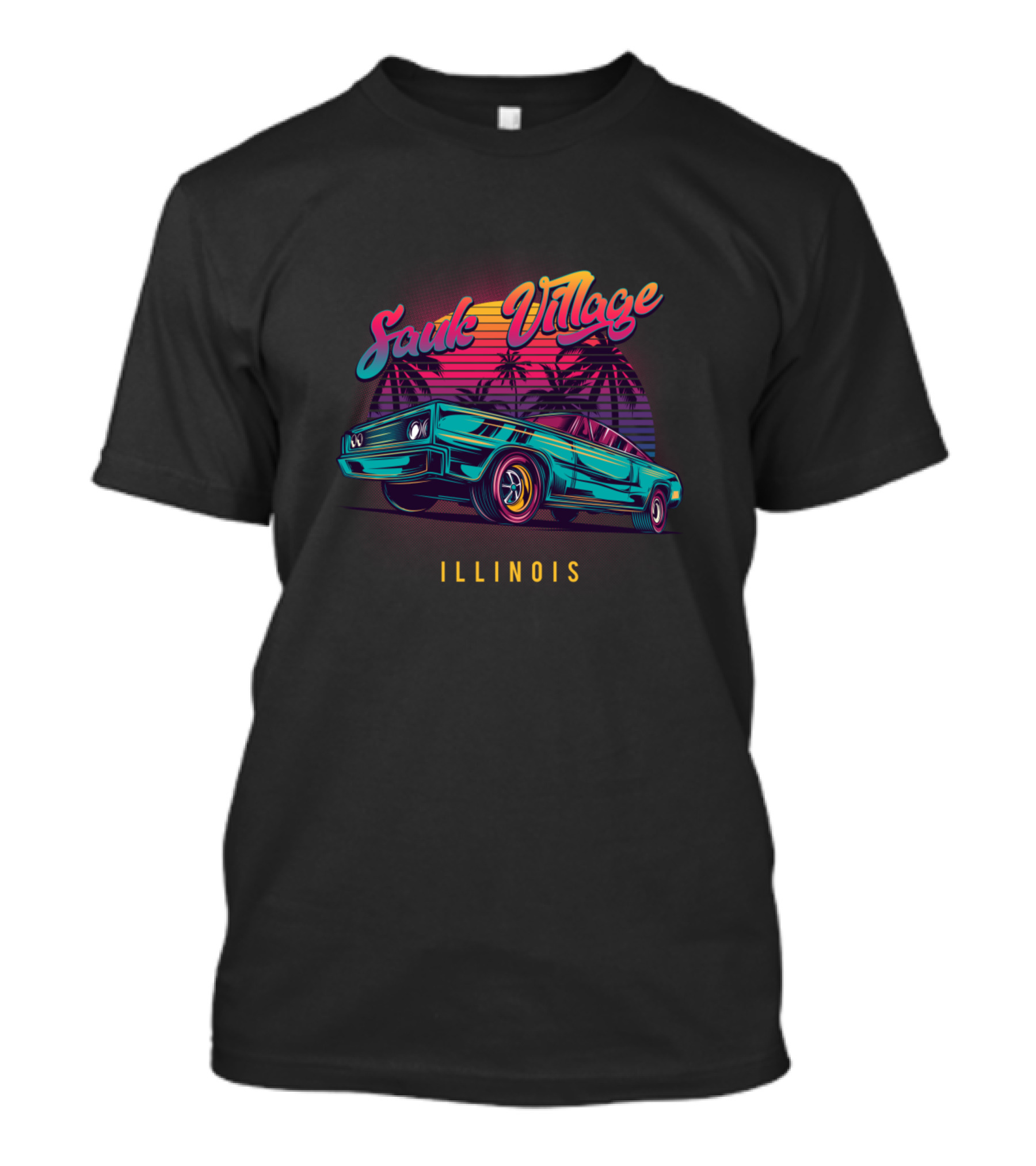 Sauk Village Illinois Retro Vintage Muscle Car Palm Trees Sunset T-Shirt