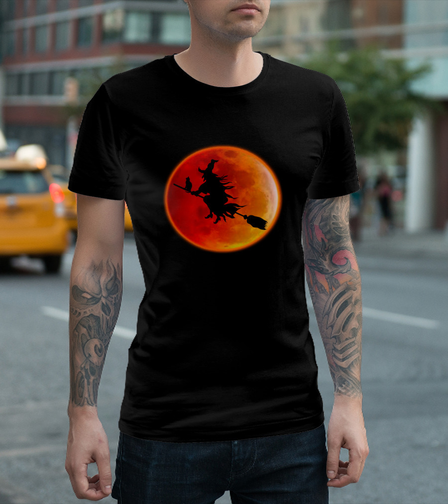 Blood Moon Witch Silhouette Flying with Cat T-Shirt