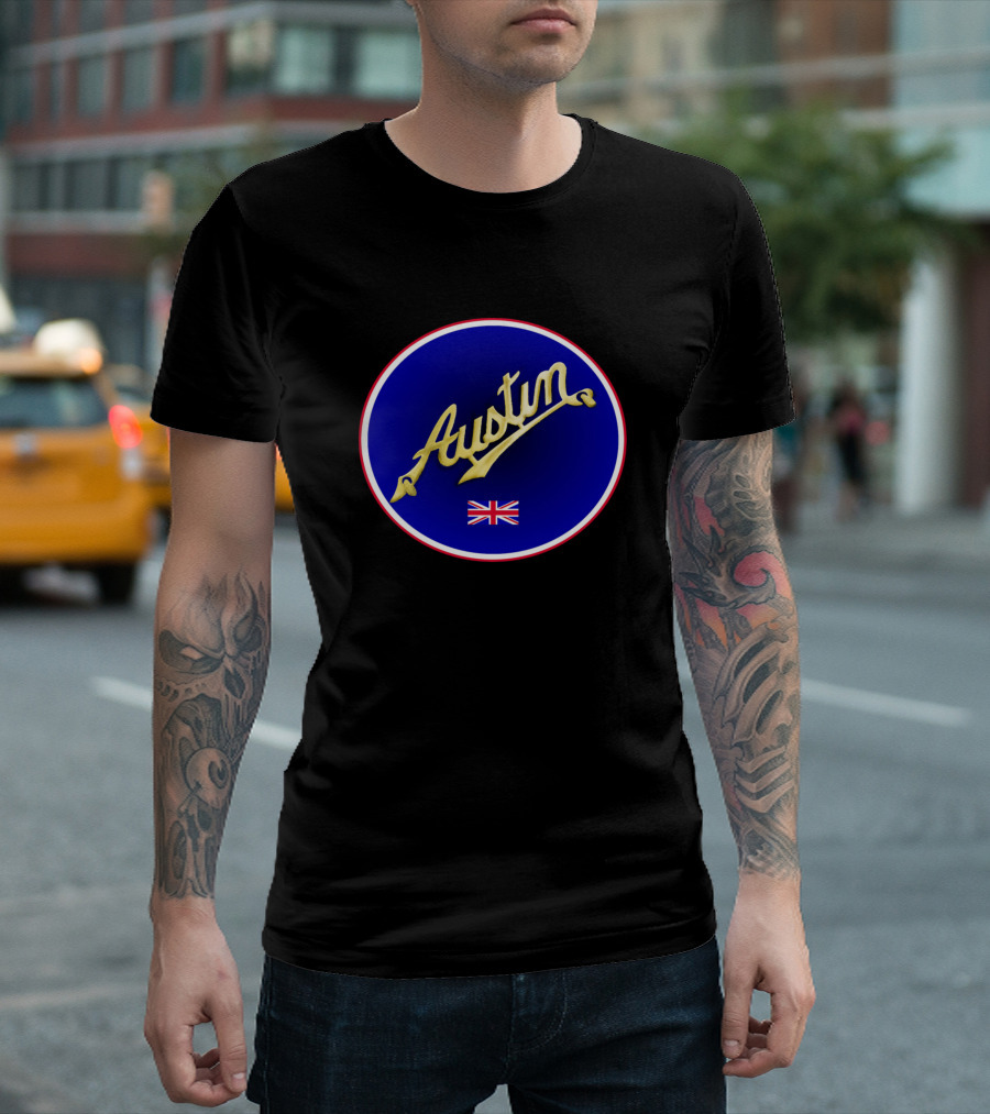 Austin Script Blue Circle British Union Jack Badge T-Shirt