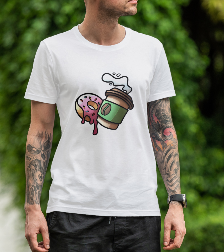 Donuts And Coffee Splash With Sprinkles And Coffee Cup T-Shirt