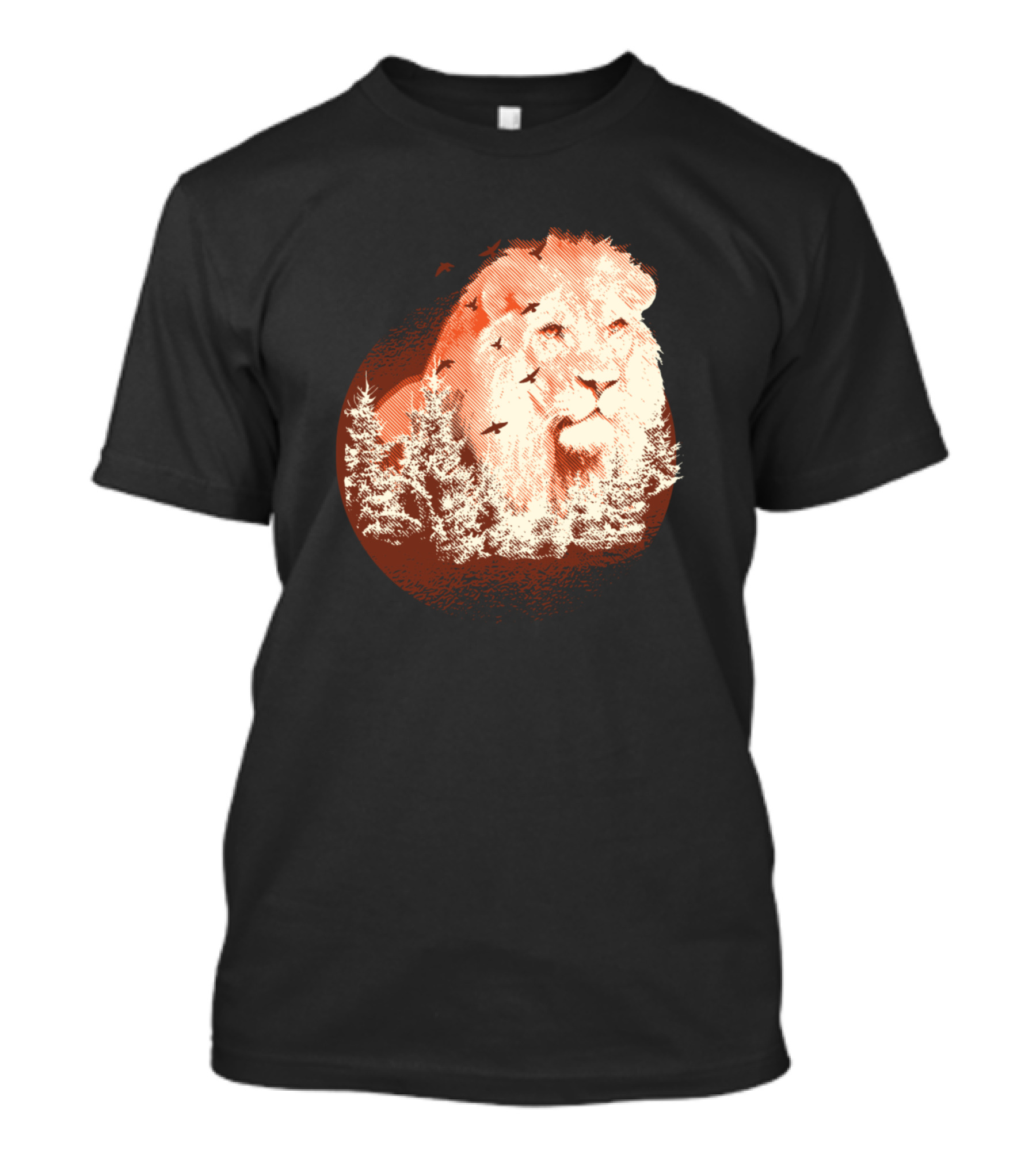 Forest Lion Silhouette In Pine Trees And Birds T-Shirt