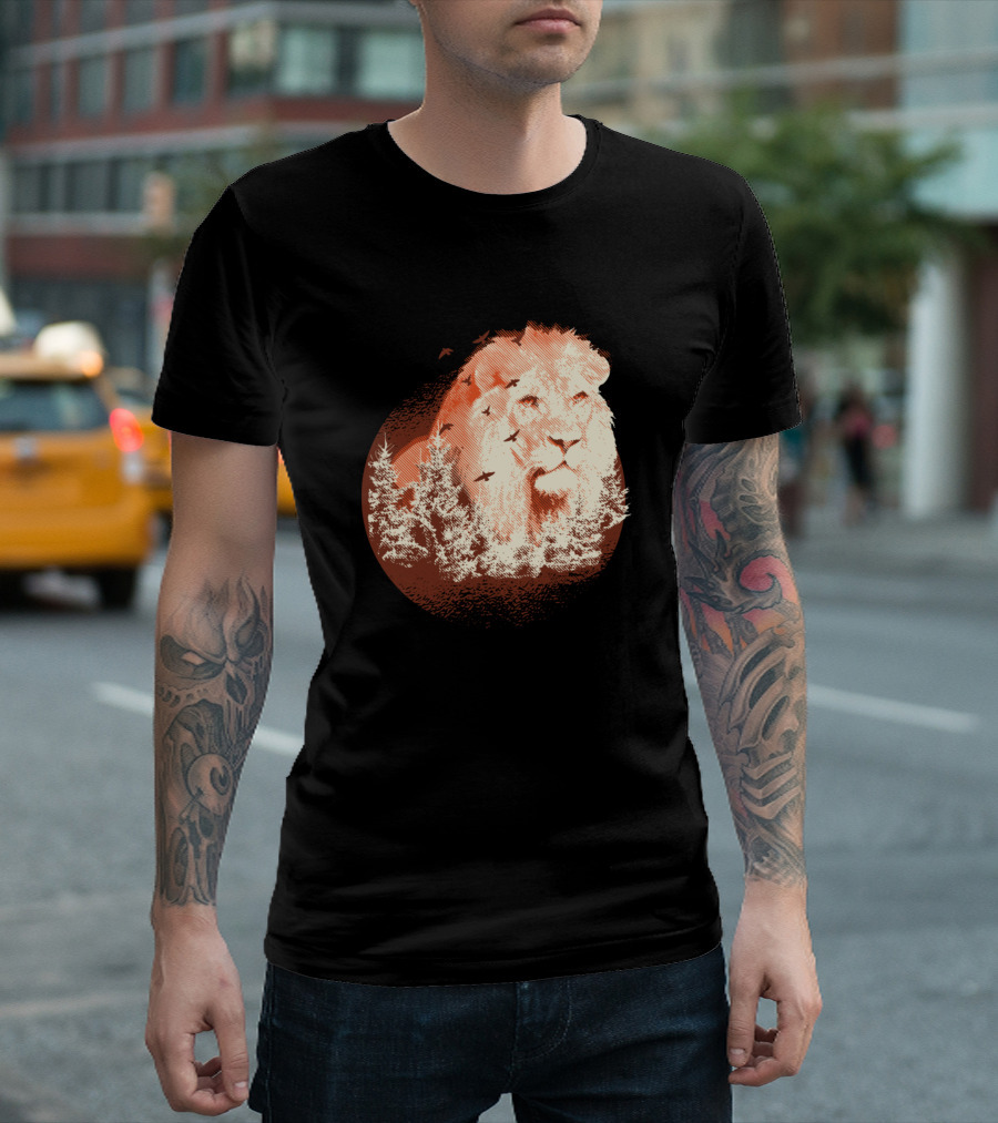 Forest Lion Silhouette In Pine Trees And Birds T-Shirt