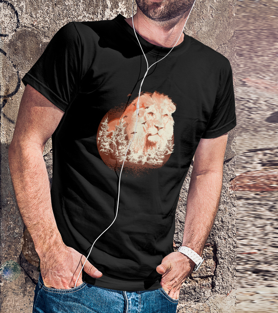 Forest Lion Silhouette In Pine Trees And Birds T-Shirt