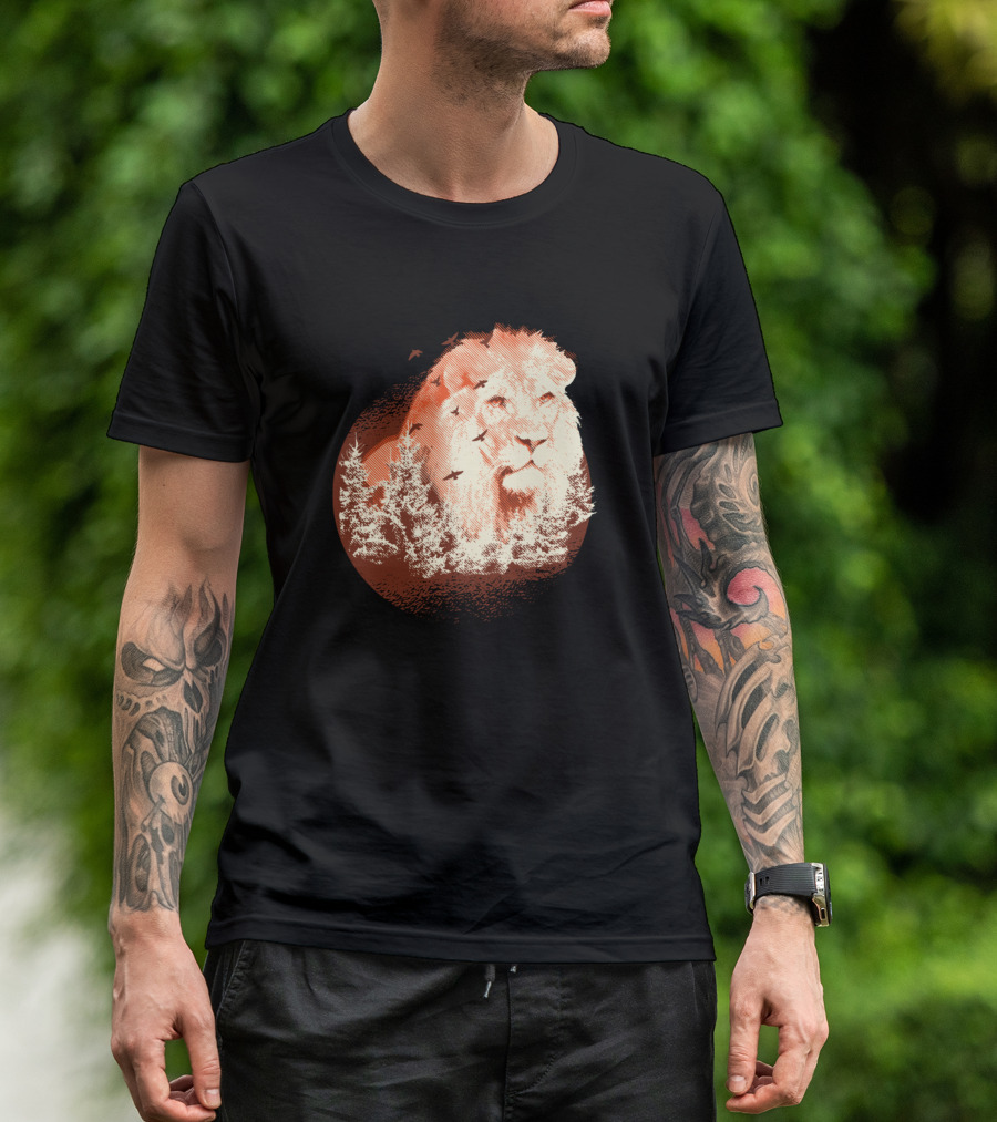 Forest Lion Silhouette In Pine Trees And Birds T-Shirt