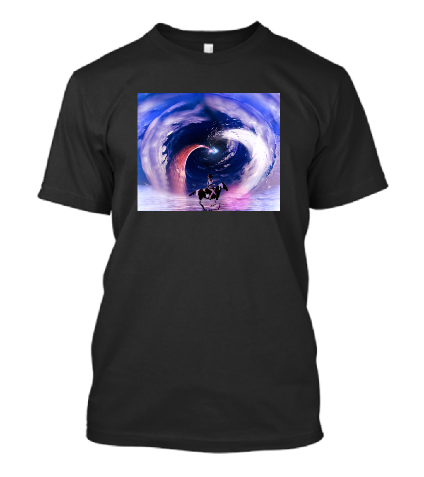 Girl Riding The Horse Through Cosmic Vortex Sky T-Shirt