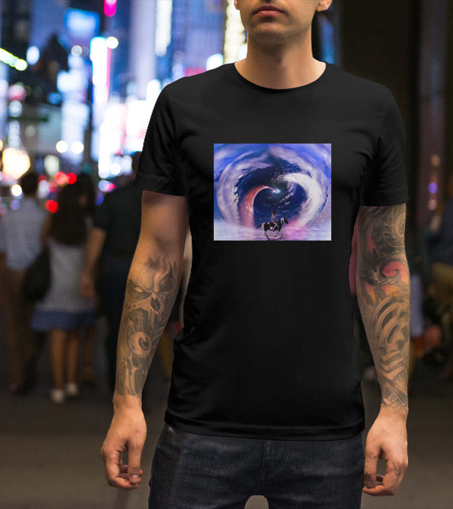 Girl Riding The Horse Through Cosmic Vortex Sky T-Shirt