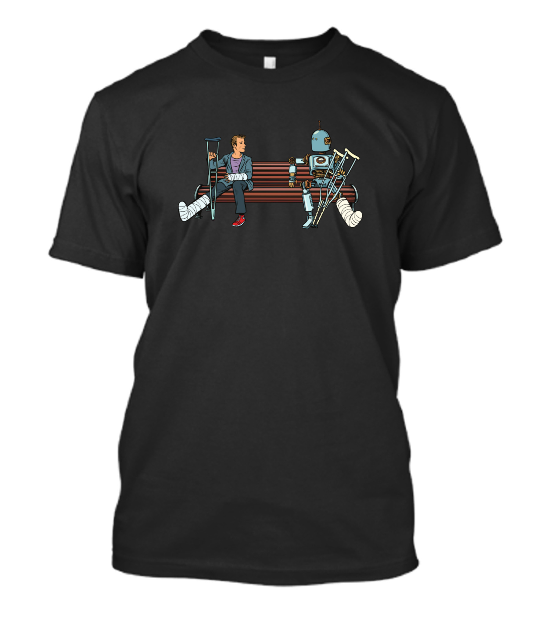 Human And Robot Sitting On Bench With Crutches And Casts T-Shirt