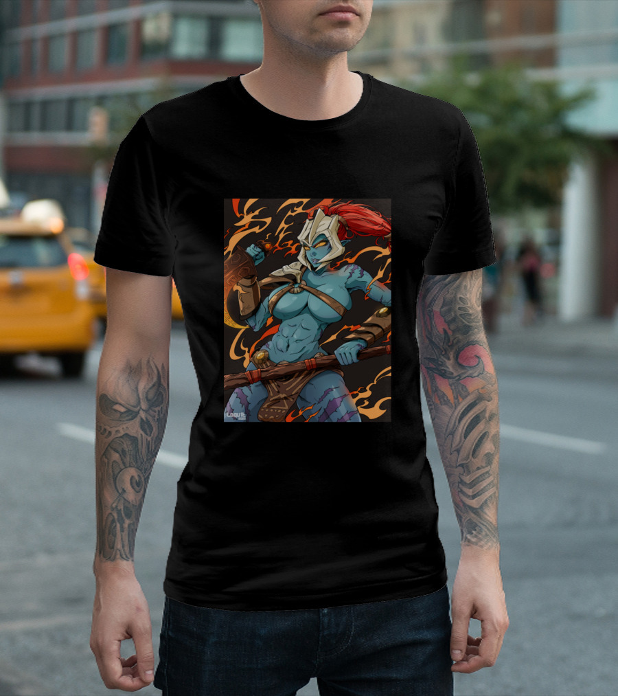 Huskar Warrior with Fiery Background and Red Hair T-Shirt