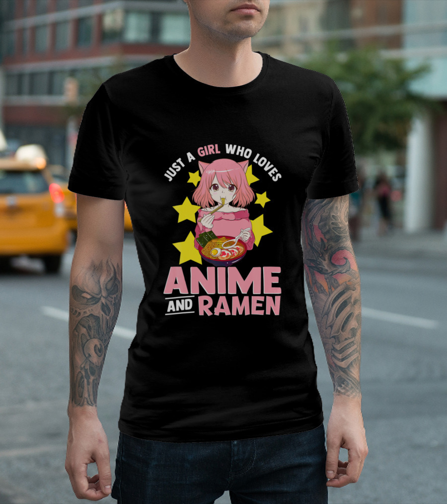 Just A Girl Who Loves Anime and Ramen with Pink Haired Cat-Ear Character and Stars T-Shirt
