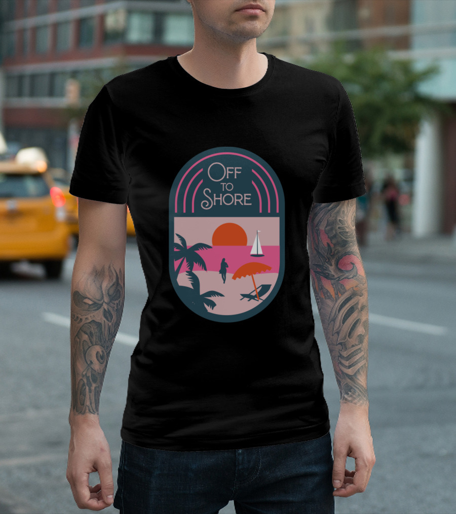 Off To Shore Vintage Sign Beach Sunset Palms Sailboat Umbrella T-Shirt