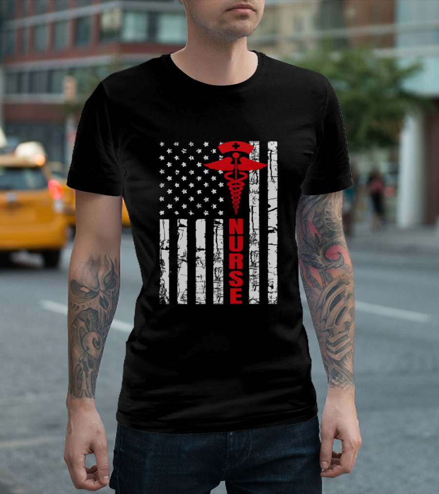 Patriotic American Flag Nurse Symbol In Red And White T-Shirt