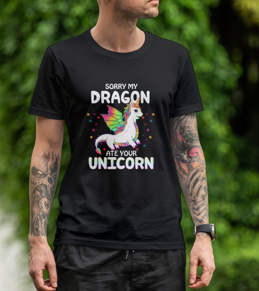 Sorry My Dragon Ate Your Unicorn Rainbow Winged Fantasy Stars T-Shirt