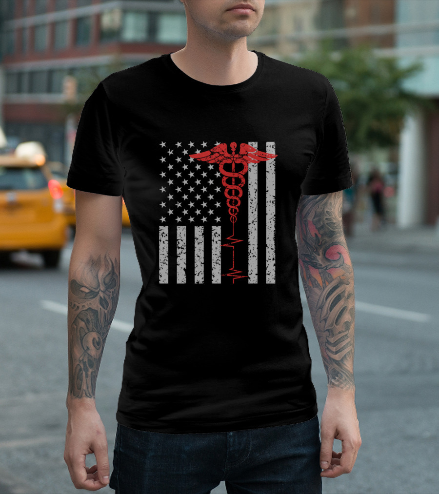 Thin Red Line Nurse Symbol On Distressed American Flag T-Shirt