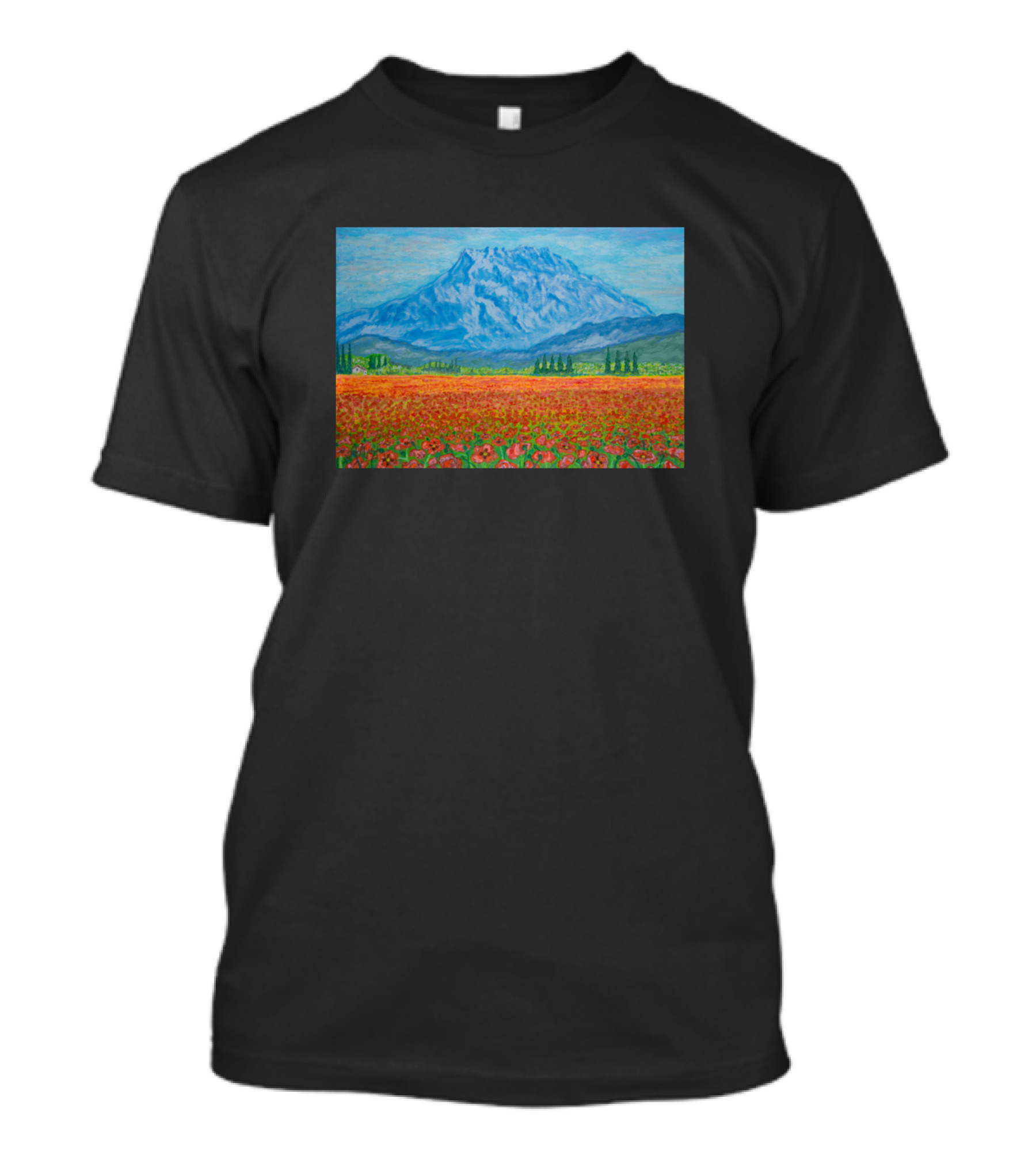 A Mountain And A Field With Red Poppies In Front Of A Majestic Blue Sky T-Shirt